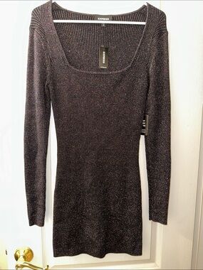 Express Metallic Ribbed Long Sleeve Scoop Neck Dress in Black